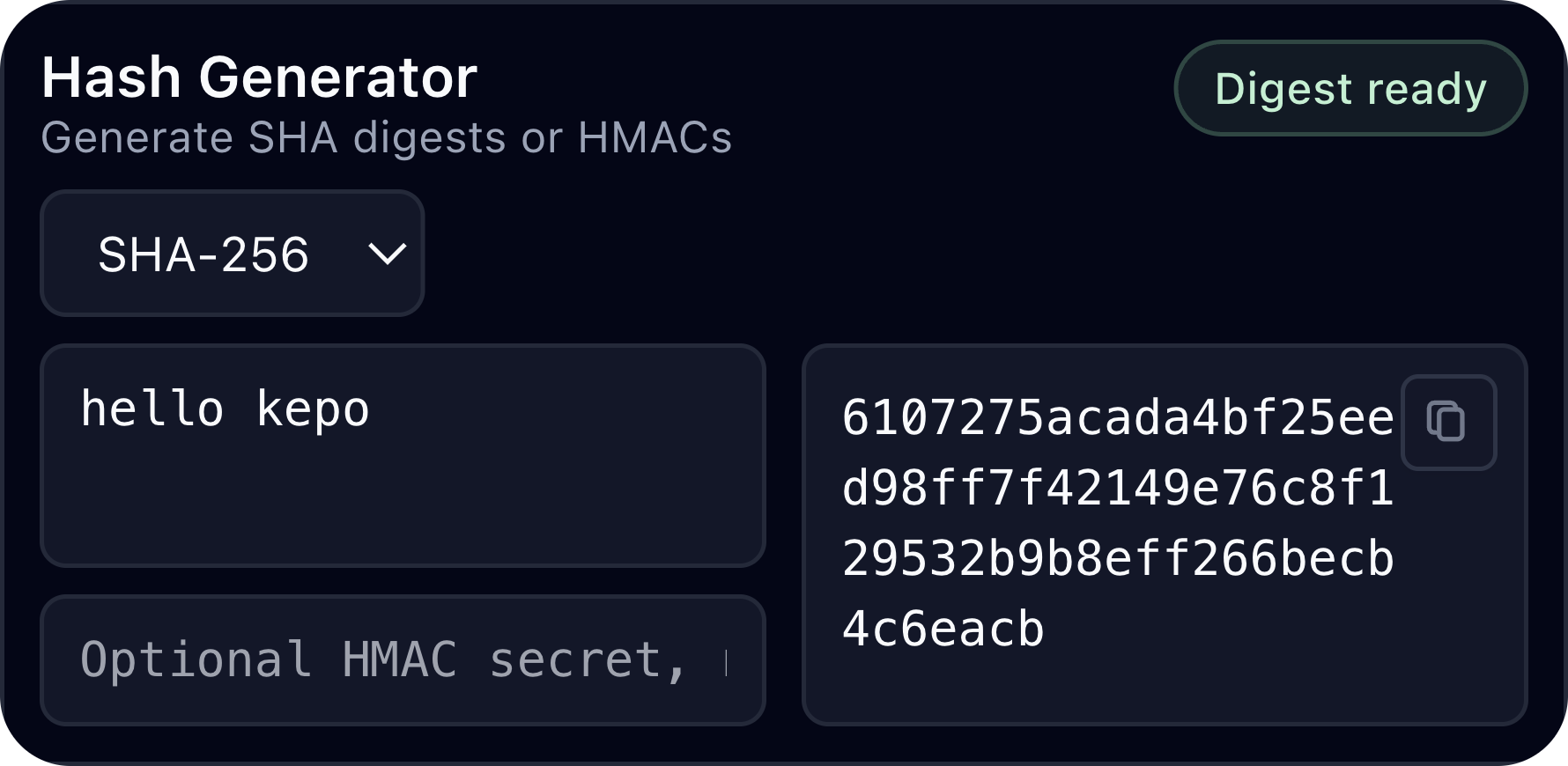 Developer Tools hash-generator desktop widget preview