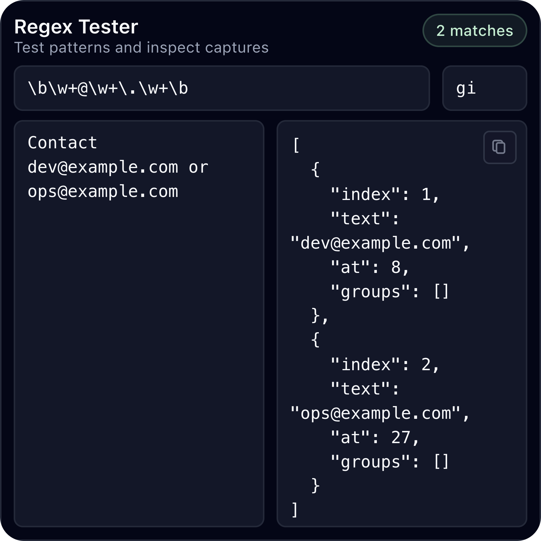 Developer Tools regex-tester desktop widget preview