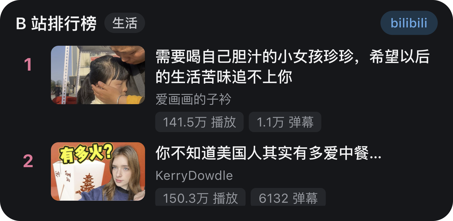 Bilibili ranking desktop widget preview