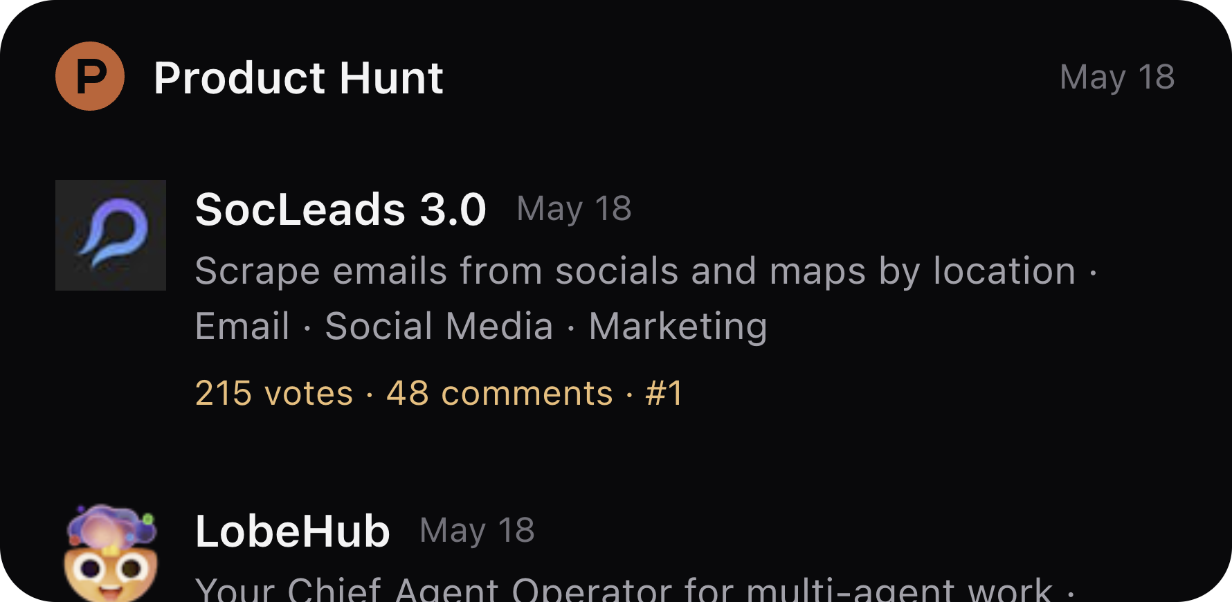 Product Hunt product-hunt-feed desktop widget preview
